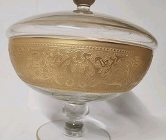 Vintage Glastonbury Lotus Gold Band Georgian Pedestal Dish Compote W/Lid 7″
