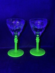 Bryce Uranium Green Crystal Cordial Twisted Stems Etched Optic #325 Pair Antique
