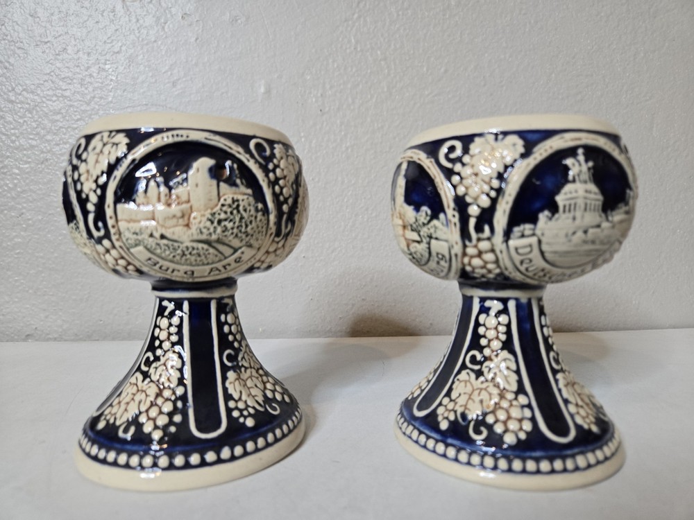 Vintage German Pottery Set Of 2 Wine Goblets Numbered With 4 Castle Scene READ