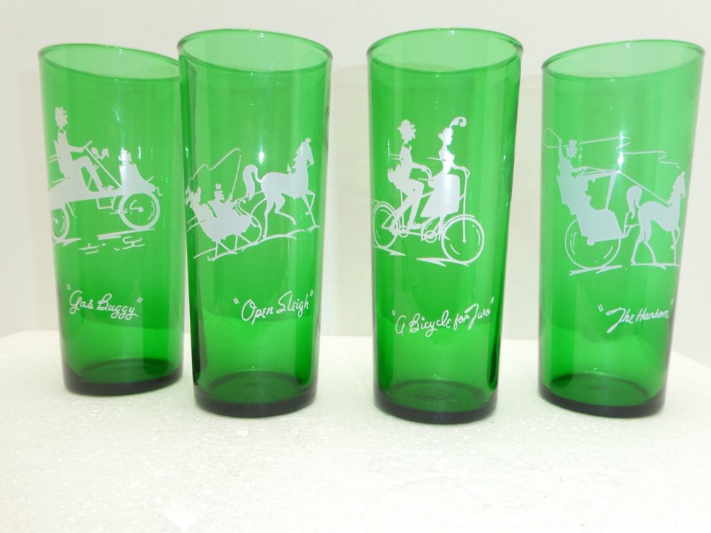 Anchor Hocking 4 GREEN Glasses Gas Buggy Open Sleigh The Hansom Bicycle For Two