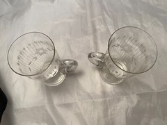 Antique Farm Estate Hand Blown Glass Etched Flowers Two Mugs Whimsy 4.75 Inches