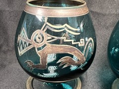 VTG SET 2 BOHEMIAN SILVER OVERLAY SMOKY GREEN BRANDY COGNAC SNIFTERS BIRD WOLF