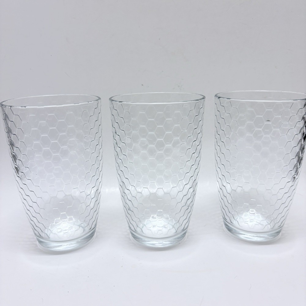 Vintage Set of 3 Pasabahce Horizon Honeycomb Glasses 5.5 inch Heavy Tumblers