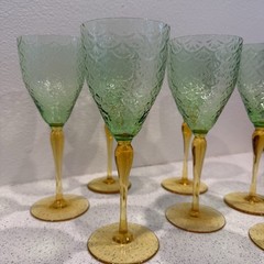 Antique Pukeberg Turkey Tracks Royal Fan Uranium Vaseline Glass Water Goblet