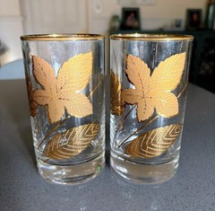 2 MCM Gold Leaves Golden Foliage Tumbler Glasses by Libbey 5 5/8″ USA