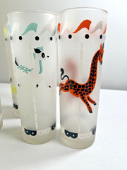 6 Vintage Libbey 7″ Glasses Circus Carousel Animals Frosted Tall