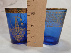 Vintage Cobalt Blue Gold Moroccan Tea Glasses Pair Hamsa Moon Design