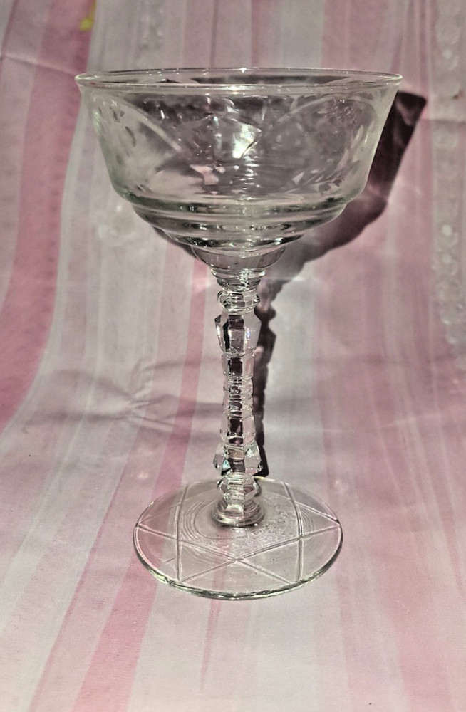 One Champagne Sherry Glass Water 1930s Star Bottom Hand Cut Blocked Stack Stem