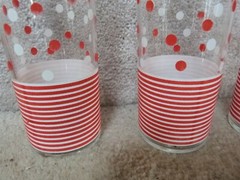 6 VINTAGE MCM Libbey Glass Tall Tom Collins Glasses Red White Dots Stripes 7″