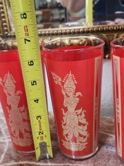 5 Vintage MCM Culver Red Gold Siam Thai Goddess High Ball Glasses Tumblers 60s