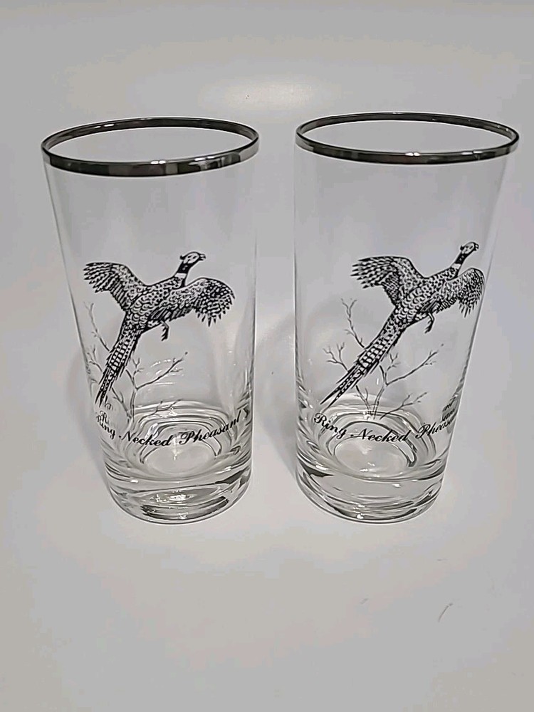Vintage Wildlife Ring Neck Pheasant Bird Highball Drinking Glass Platinum Rim