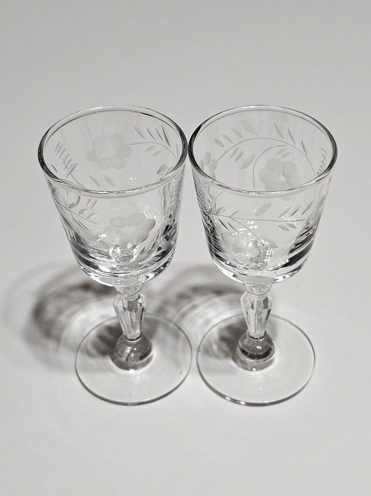 Set of 2 Tiny Vintage Etched Crystal Stemmed Wine Glasses Only 3.5 Inches Tall