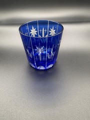 Unmarked Etched Cobalt Blue Cut Glass Starburst Shot Glass Votive Candle Holder