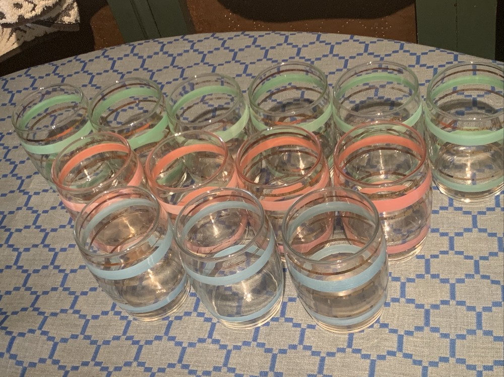 Vintage 13 Piece 3″ Glass Set Gold Green Pink Blue Stripes Clear Lowball Glass