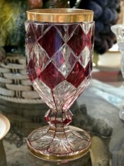 VINTAGE BOHEMIAN RUBY CRANBERRY CUT TO CLEAR 7″ CRYSTAL OCTAGONAL GOBLET