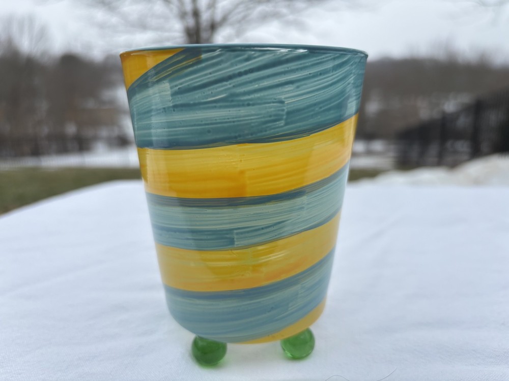 Detroit Glass Company Hand Painted Yellow & Blue Swirl 13oz Footed Tumbler EUC