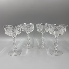 Discountinued Fostoria Willowmere Champagne 6 oz Glass, Set Of 4 Etched Rose