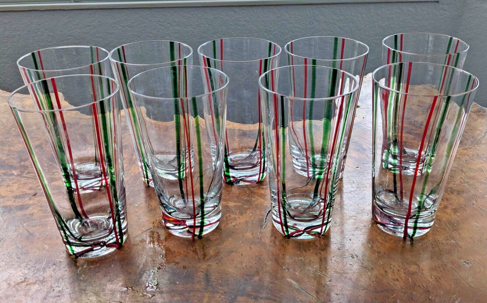 Vintage Clear Drinking Glasses With Green Red Stripes Hand Blown Set Of 9