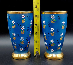 Vintage 5″ Blue Frosted Tumbler Set Hand Painted Enamel Flowers with Gold Trim
