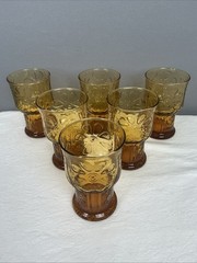 Libbey BoHo Country Garden Daisy Amber Glass 5” Tumbler 1970’s Lot Of 6