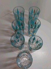 VTG Lex Kuznak Atomic MCM Turquoise & Gold Diamond High Ball Glasses (Set Of 7)