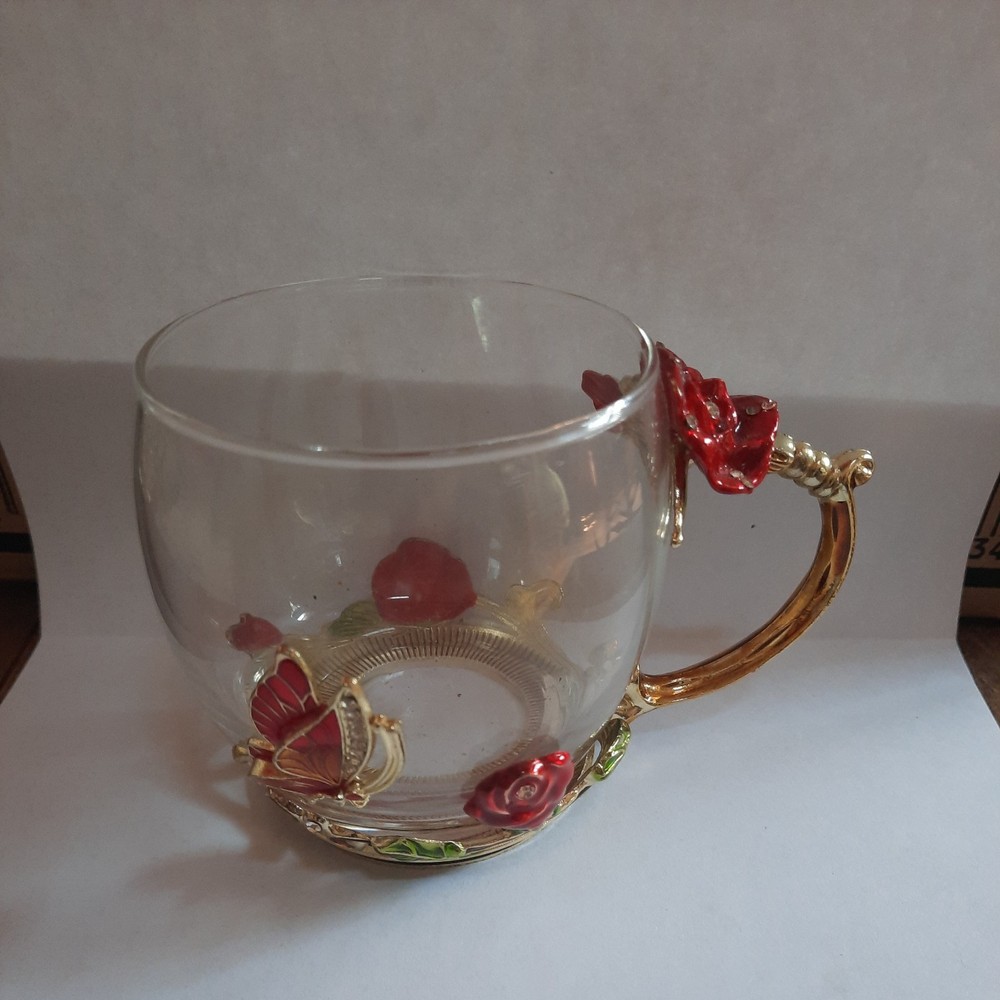 Enamel Glass Mug Rose Butterfly Tea Cup Red Floral Gold Tone with Rhinestones