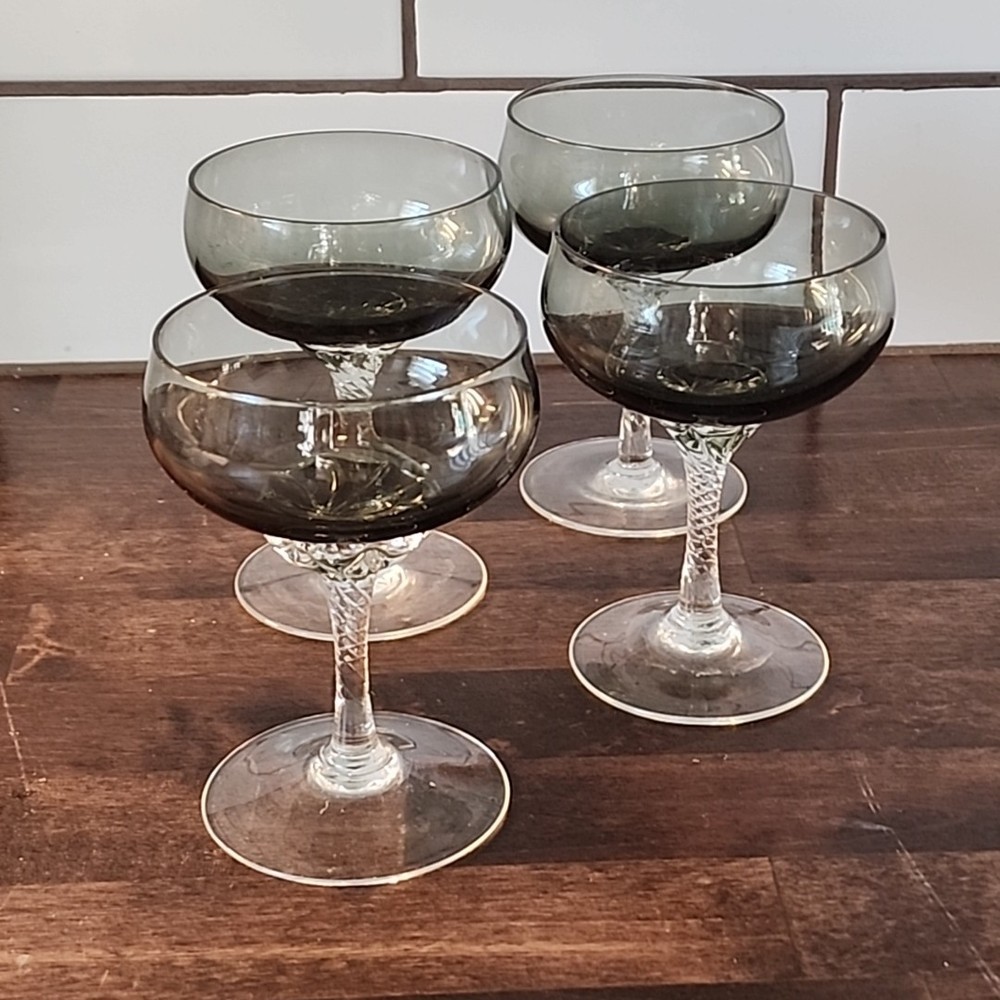 VTG Sasaki Coronation Smoke Twisted-Stem Cordial Sherbet Glasses Set Of 4 1970s