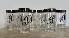 Vintage MCM Queen’s Lusterware Monogram J Highball Glasses Silver Rim Set of 8