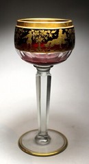 Bohemian Case Cut Ruby to Clear Hock Glass with Raised Gilded Hunt Scenes c.1900