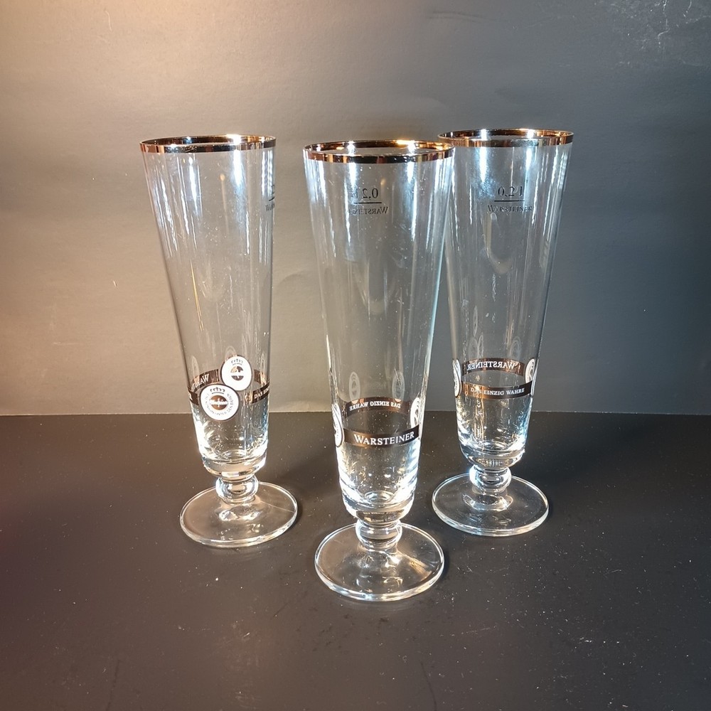 Warsteiner 3 Pilsner 0.21 Liter Beer Glasses Barware 8″ Gold Rim