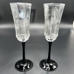Set of 2 Luminarc France Octagon Black Stem Fluted Elegant Champagne Glasses.