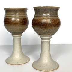 Vintage Studio Pottery Wine Goblets Studio Signed JT 78 Brown Beige Shimmer