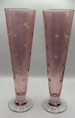 Tall Pink Glass Champagne glasses Etched star burst