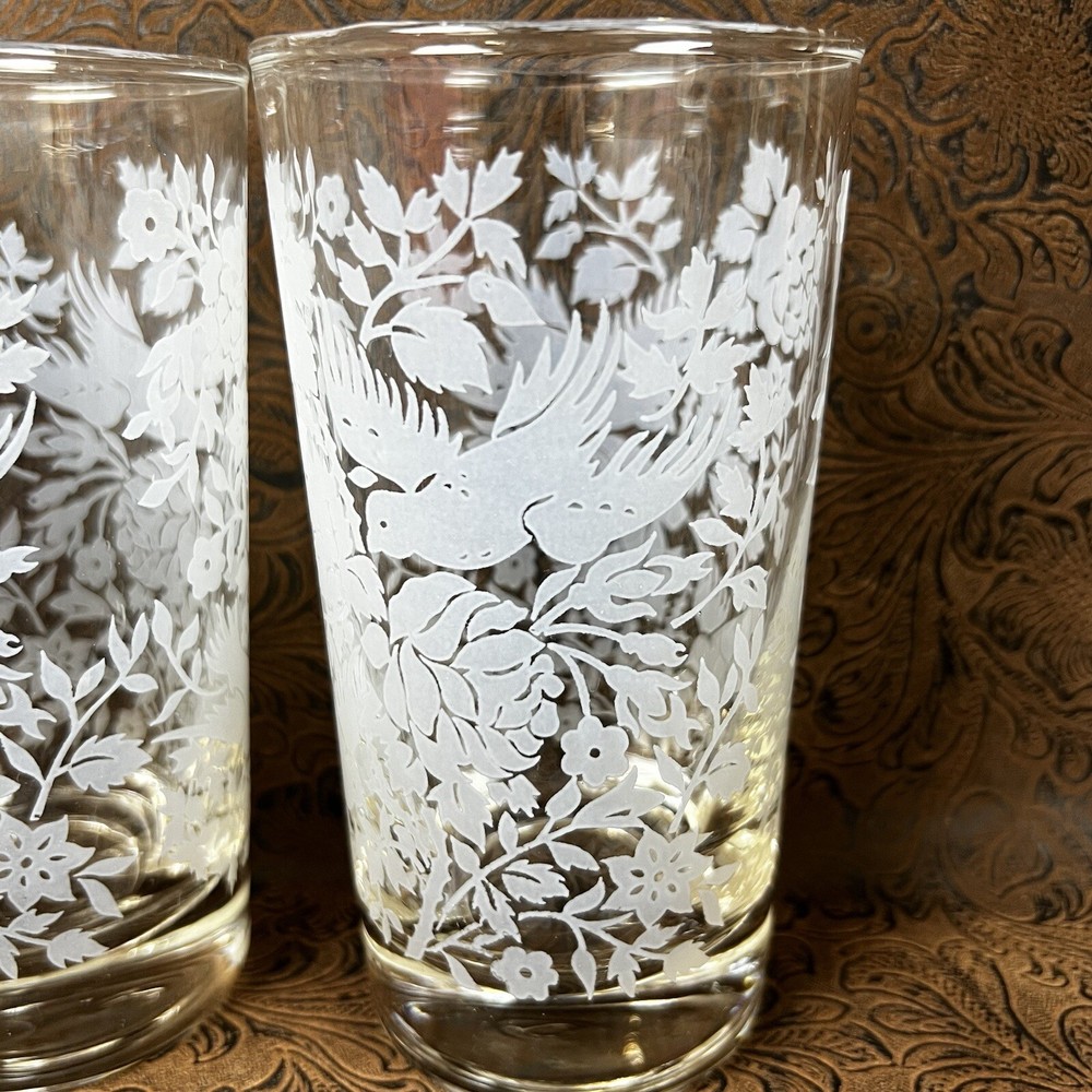 Set of 8 Libbey Garden Lace Glasses Tumblers Clear with White Graphics Birds