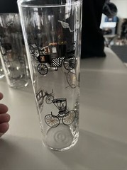 Vtg Libbey MCM Black & Gold Horseless Carriage Highball Barware Set Of 9 Glass
