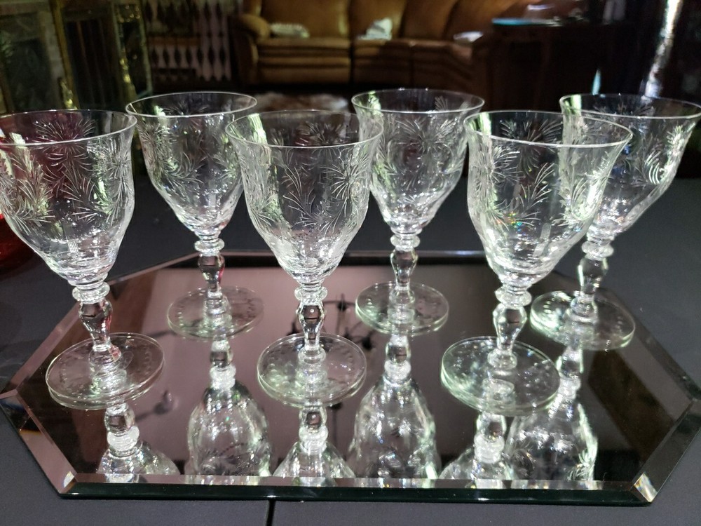 (6) Water Goblets Glasses 6-3/8″ elegant cut crystal Hawkes signed «Victoria»