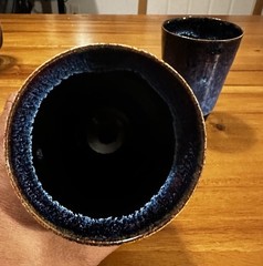 Set of 2 Blue Black Ceramic Art Pottery Tumblers Round Drinking Cups