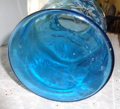 ART GLASS PITCHER & TUMBLERS VINTAGE LEMONADE SET-HANDPAINTED-RUFFLED RIM-TEAL