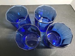 4 Anchor Hocking Rock, Lowball Cobalt Blue Essex 10 Panel Glasses