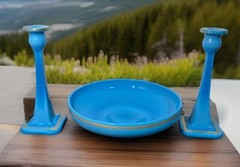 Beautiful Antique Cambridge Azurite Blue Council Bowl & Candlesticks Gold Leaf