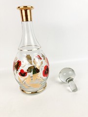 Vintage Large Butterfly & Pansy Bohemian Decanter W/6 Wine Glasses Hand Painted
