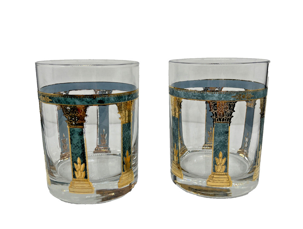 CULVER Old Fashioned Tumblers Barware Green and Gold Trim Marble Columns Set~2