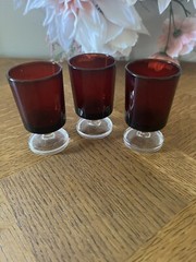 Set of 3 RUBY RED 1 oz Shot Glasses Clear Stem & Base Cordial Made in France