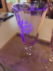 Two Tiffin Pink Franciscan Etched Rose Stylized Stem 6” Glows Under 365 Uv