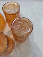 Set of 5 Vintage MCM Amber Crackle Glass Tumblers Marigold Iridescent Finish