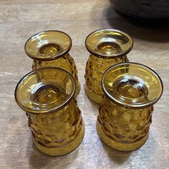 Vtg Indiana Glass Whitehall Colony Cubist Footed Amber Juice Glasses Set Of 4