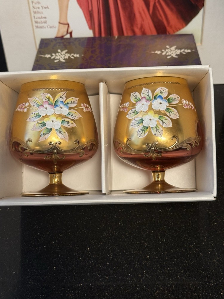 2 VTG Bohemian/Czech Clear Glass Brandy Snifters Gold Gilded Enameled