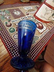 Depression Glass Cobalt Blue Set of 5 Parrot Footed Glasses. 3.5″Silver Overlay