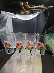 Set of 4 Vintage Libbey Hand Painted Floral Tumblers, Gold Rim Red White MCM