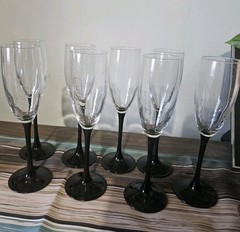 Set of 8 France Black Stem Champagne Flutes Modern Clear Glass Elegant Barware
